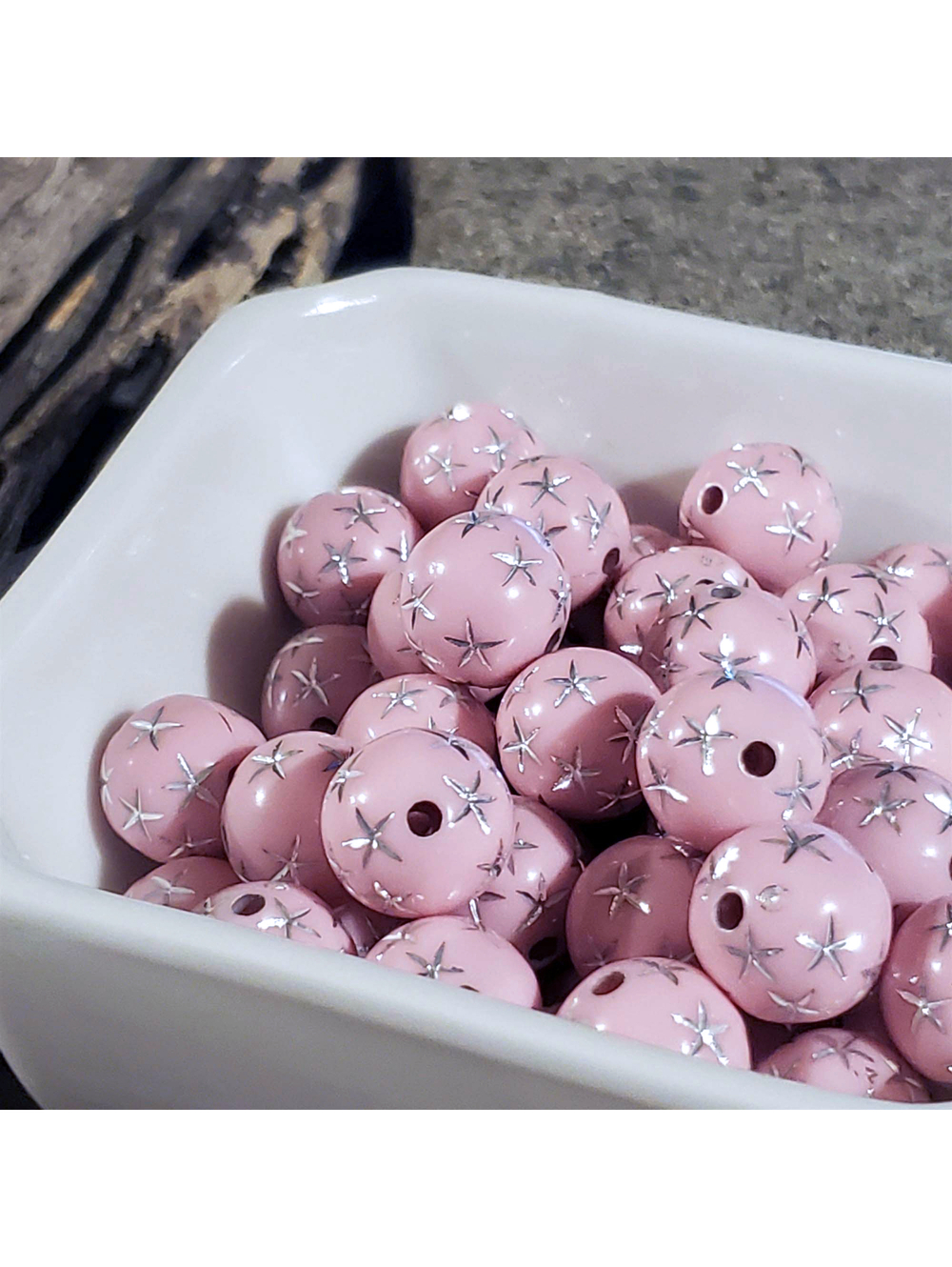Vintage Retro Pink Silver Stars 12mm Round Acrylic Shabby Chic Beads 10 pcs